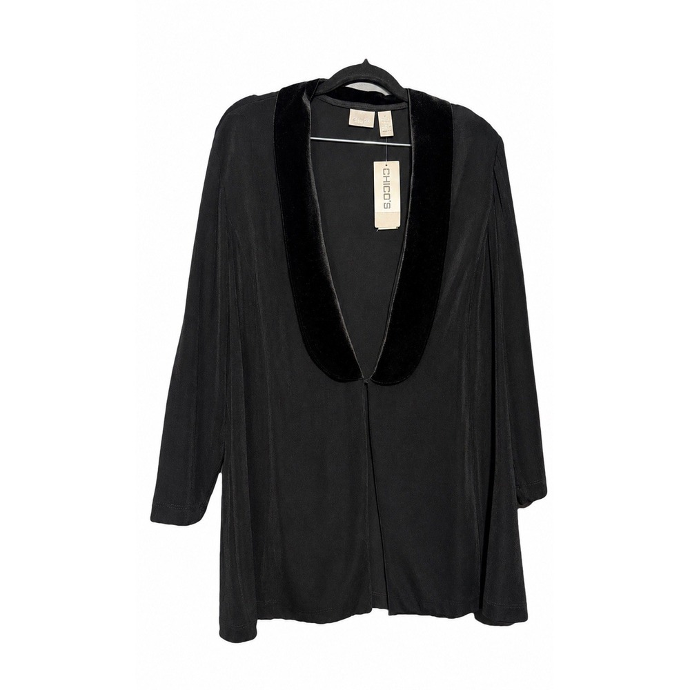 Chico's Travelers Cardigan Velvet Shawl Collar Size 4 Black Elegant Evening Wrap